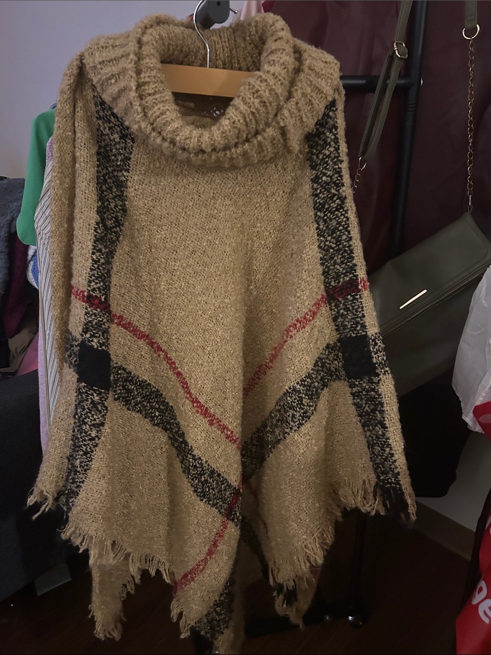 Cozy Turtleneck Poncho Sweater in Beige with Black & Red Accents